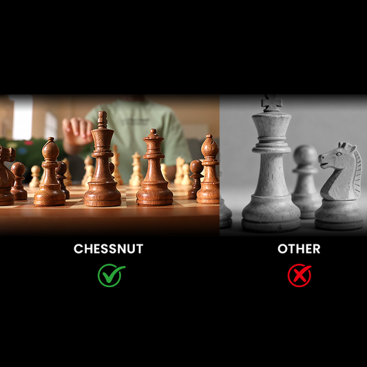 Comparison of Chessnut solid wood chess pieces on the left and ordinary market chess pieces on the right.