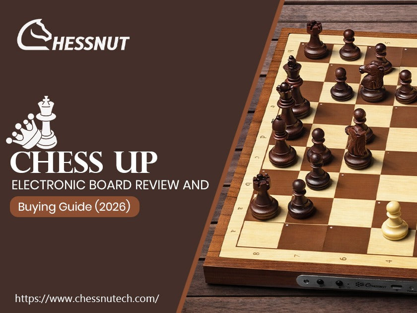 Chess Up electronic board review and buying guide 2026 displayed on an electronic chessboard.