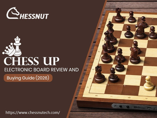 Chess Up electronic board review and buying guide 2026 displayed on an electronic chessboard.