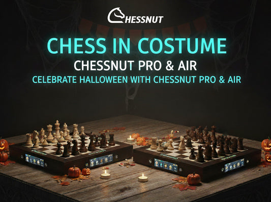 Chessnut Pro and Air showcase with Halloween decorations and chess pieces in costume on a festive table.