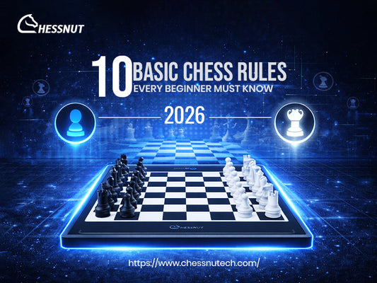 Chessboard with pieces and text on 10 Basic Chess Rules Every Beginner Must Know 2026