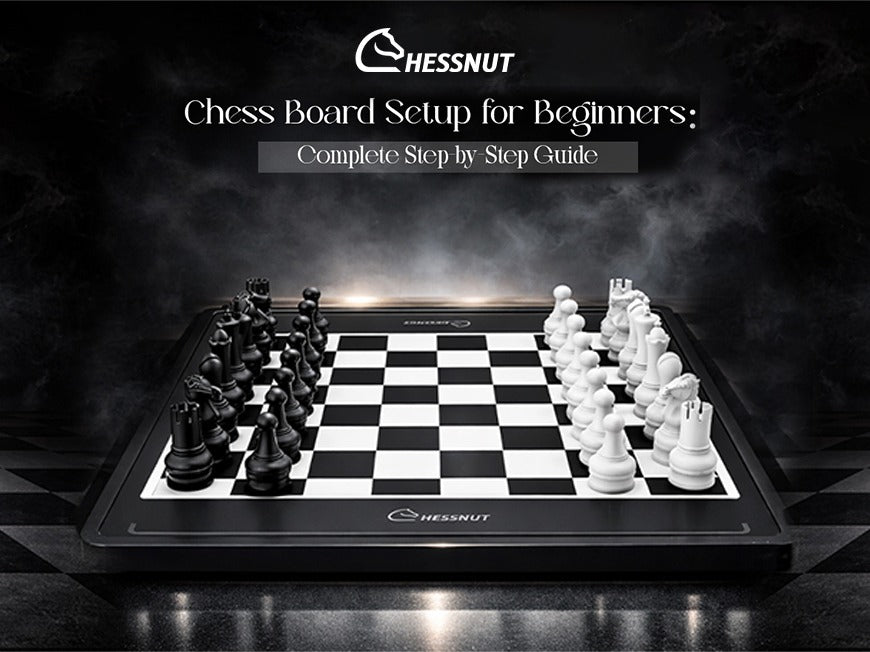 Chess board setup with black and white pieces in a beginner-friendly layout on a modern chessboard.