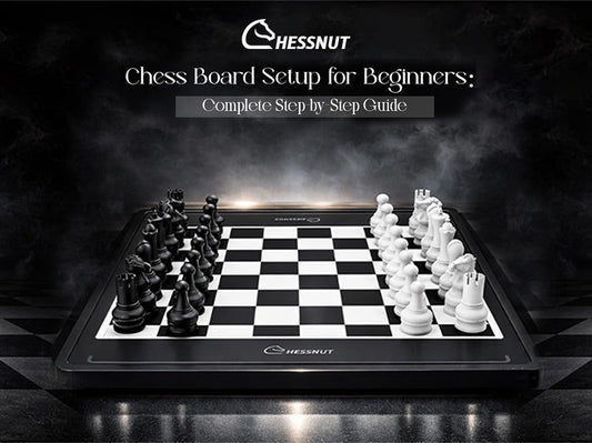Chess board setup with black and white pieces in a beginner-friendly layout on a modern chessboard.