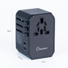 Chessnut 45W GaN travel adapter with retractable USB-C cable charging 5 devices simultaneously: chessboard, tablet, phone, and laptop