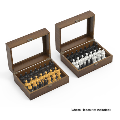 Premium walnut chess piece storage box with organized compartments for 34 pieces, paired with Chessnut Move robotic chessboard
