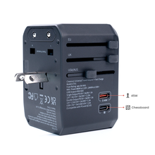 Chessnut worldwide travel adapter with 4 universal plug types: Type C EU, Type A US, Type G UK, Type I AU
