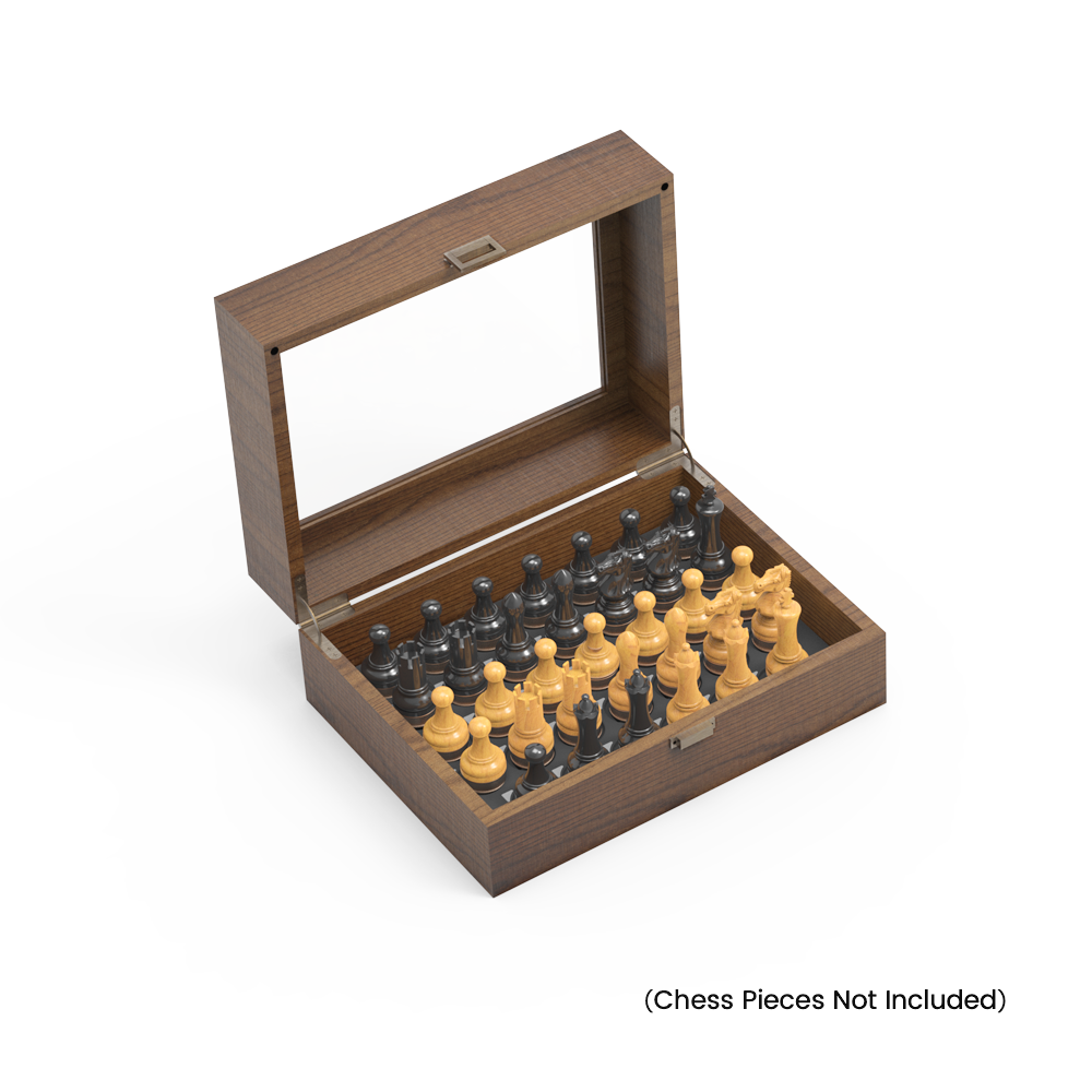 Semi-transparent front window with magnetic design showing Chessnut logo on walnut chess storage box