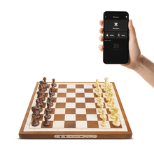 Chessnut Air electronic chess set with smartphone app showing chess game