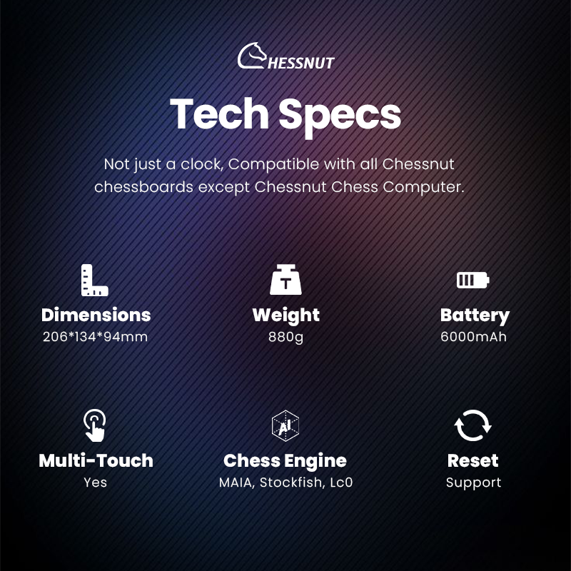 Chessnut Companion tech specs including battery, dimensions and chess engine support