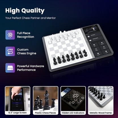 Chessnut EVO electronic AI Chessboard top view with premium wooden chess pieces, supports Chess.com and Lichess