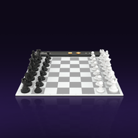 Portable electronic chess board featuring black and white chess pieces arranged on a sleek playing surface.