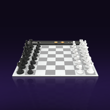 Portable electronic chess board featuring black and white chess pieces arranged on a sleek playing surface.
