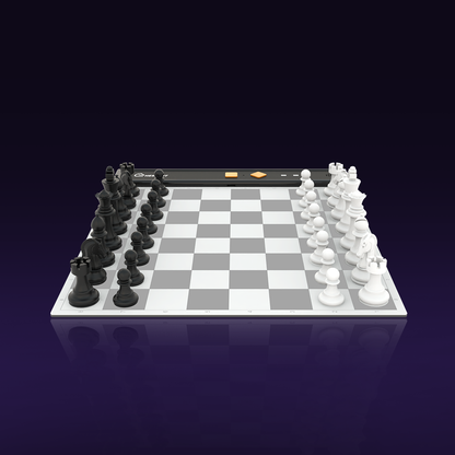 Portable electronic chess board featuring black and white chess pieces arranged on a sleek playing surface.