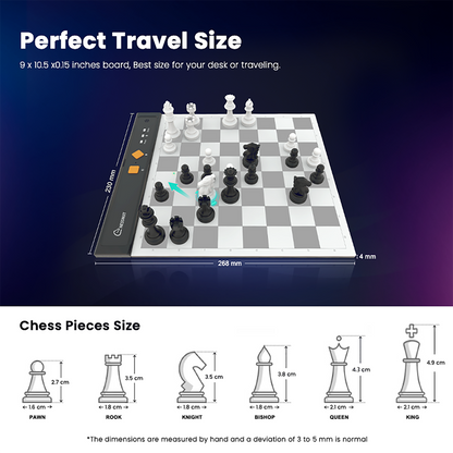 Chessnut Go portable electronic chess board showcasing perfect travel size of 9 x 10.5 x 0.5 inches with chess pieces sizes.
