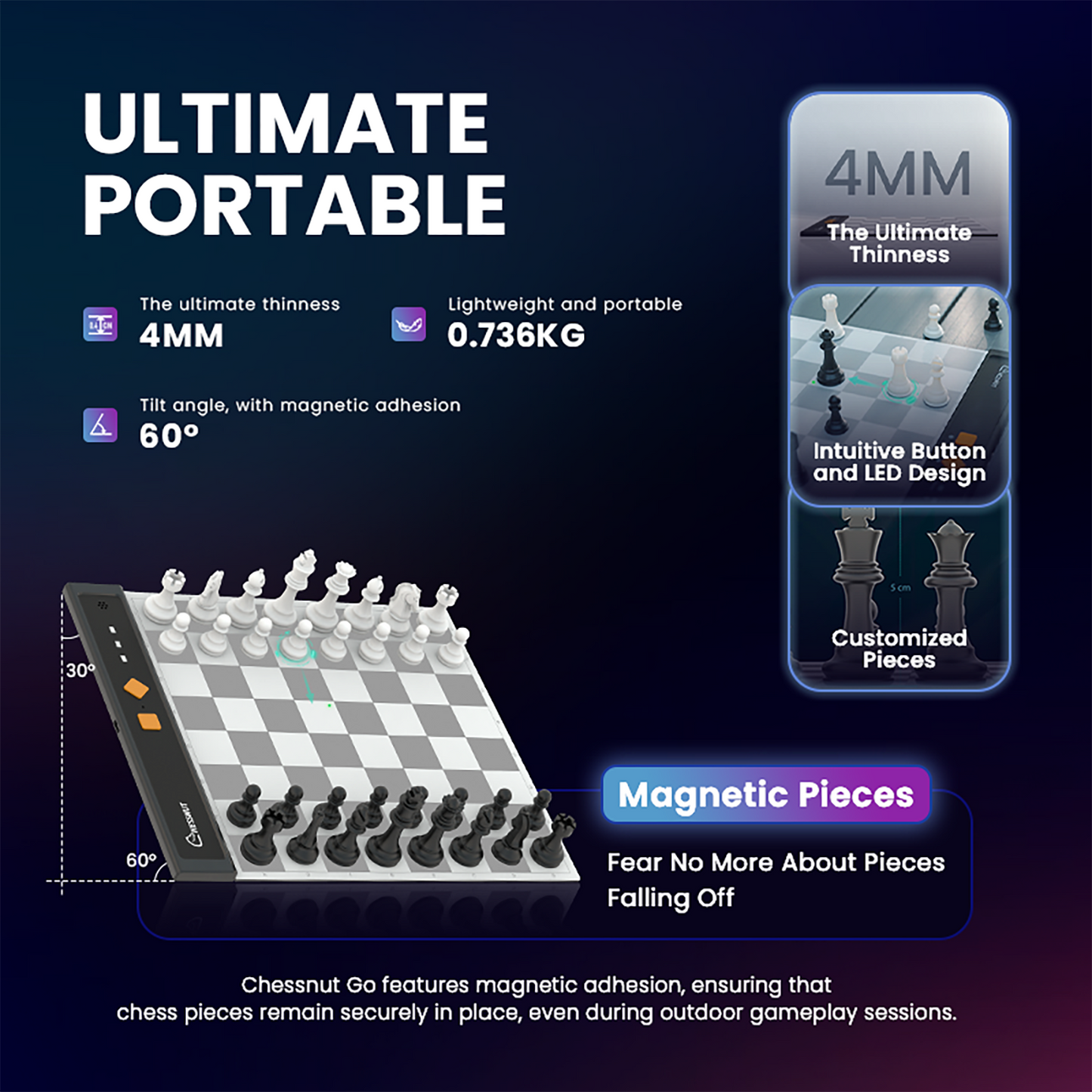 Chessnut Go Ultimate portable electronic chess board features with magnetic pieces and lightweight design.