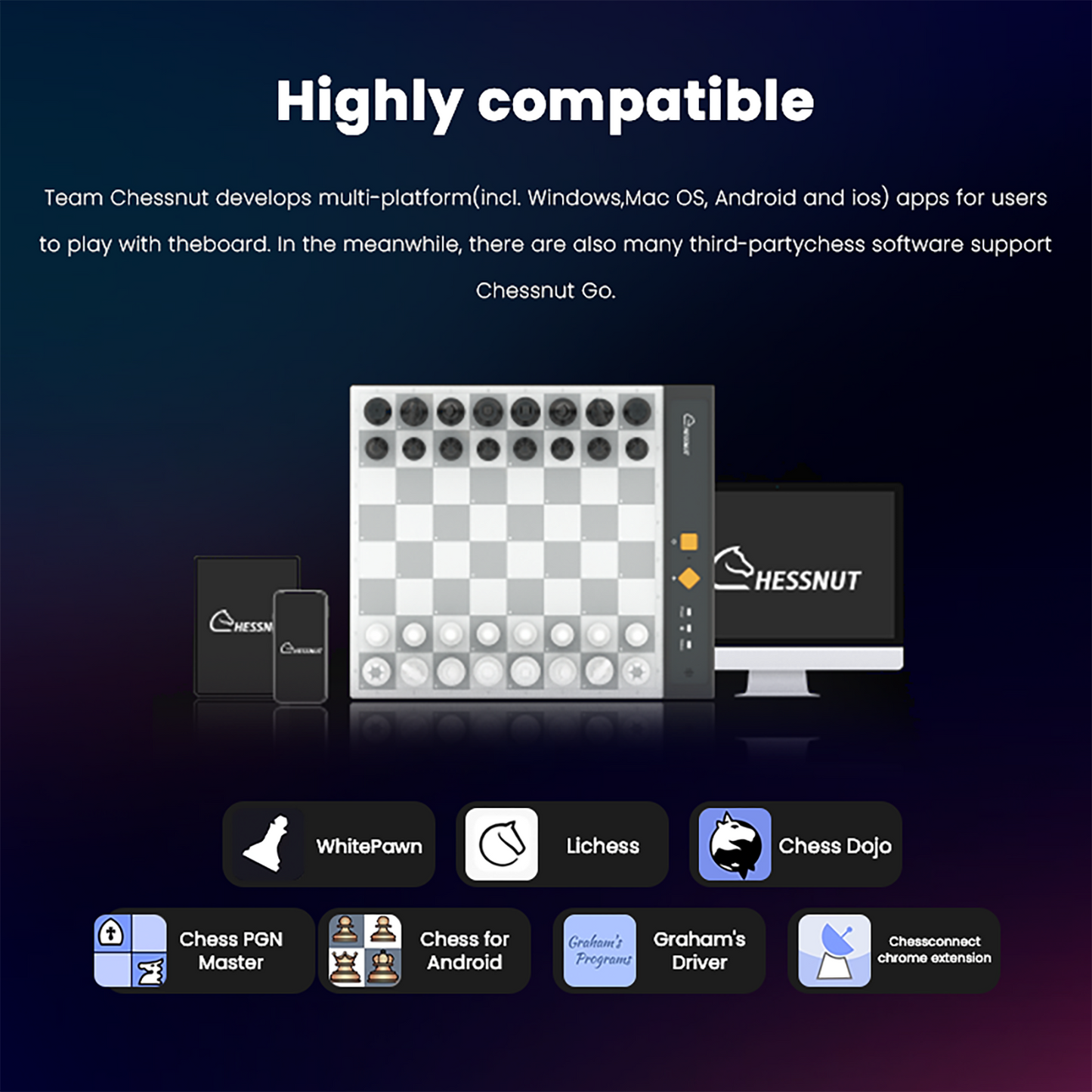 Highly compatible portable electronic chess board with apps for Windows, Mac OS, Android, and iOS users.