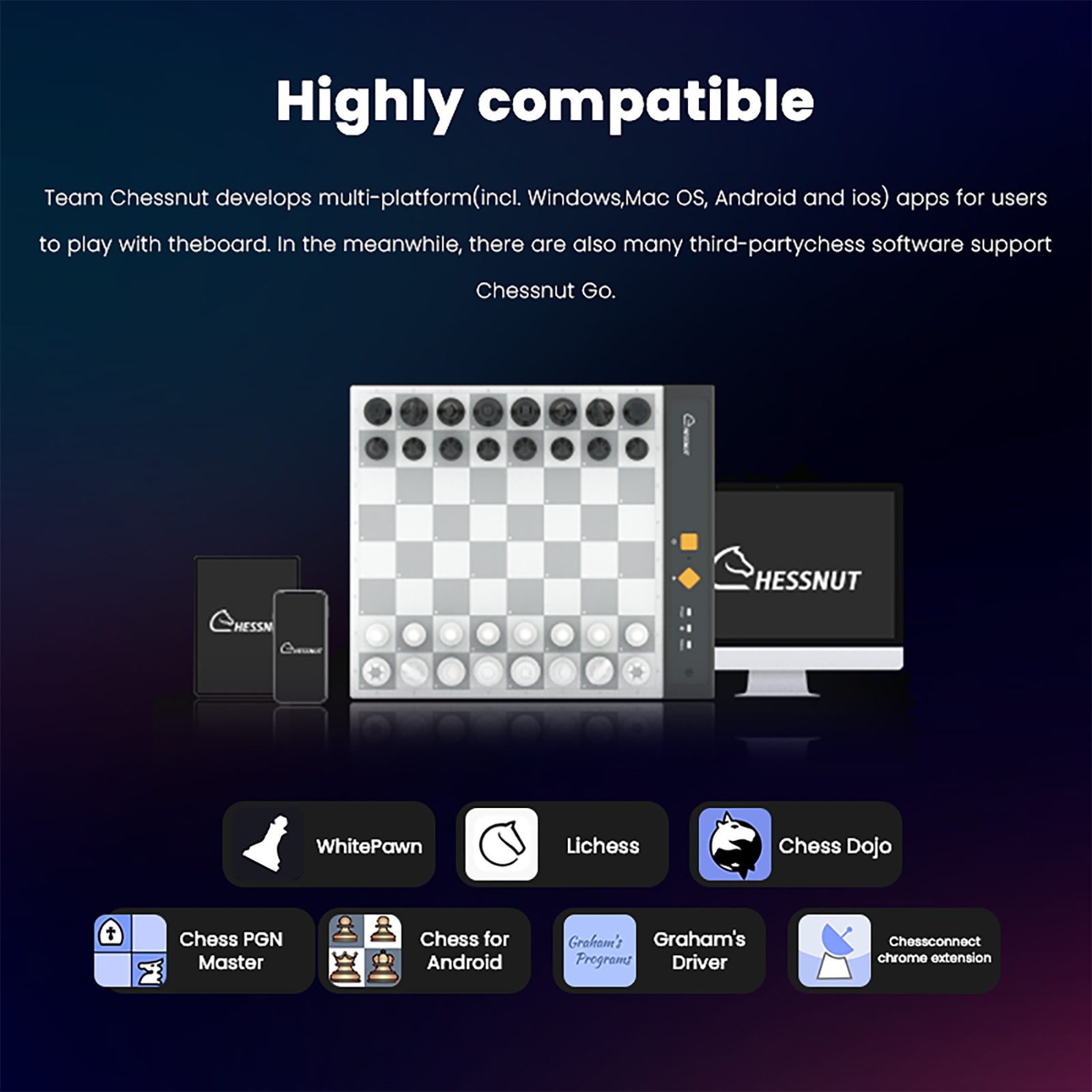 Highly compatible portable electronic chess board with apps for Windows, Mac OS, Android, and iOS users.