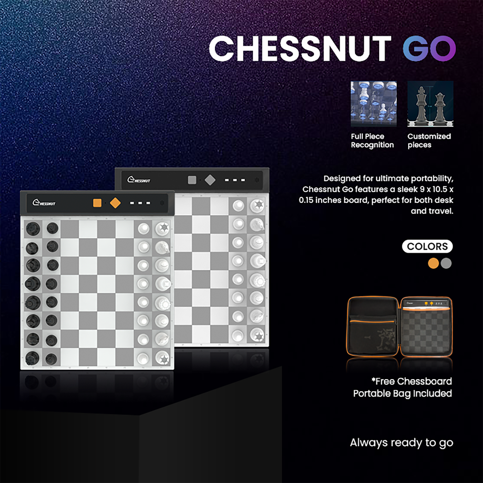 Chessnut Go portable electronic chess board with full piece recognition and customized pieces, sleek design for travel.