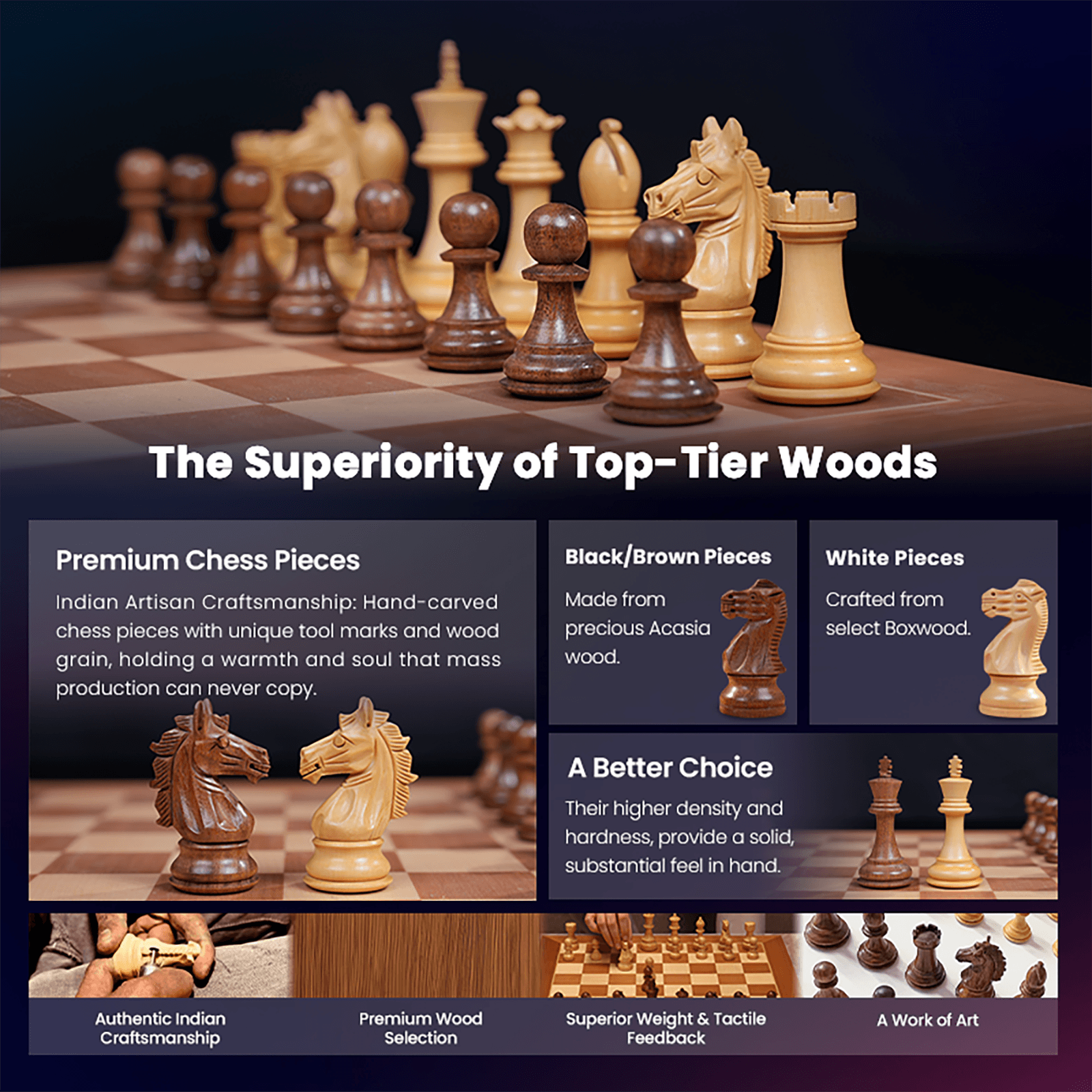 Chessnut Pro wooden electronic chess set playing surface detail - handcrafted wooden finish