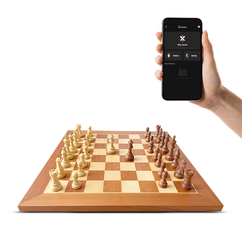 Chessnut Pro full-size tournament wooden electronic chess set with regular chess pieces and smartphone app
